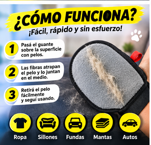 Guante Quita Pelos y Pelusa para Ropa, Sillones y Auto
