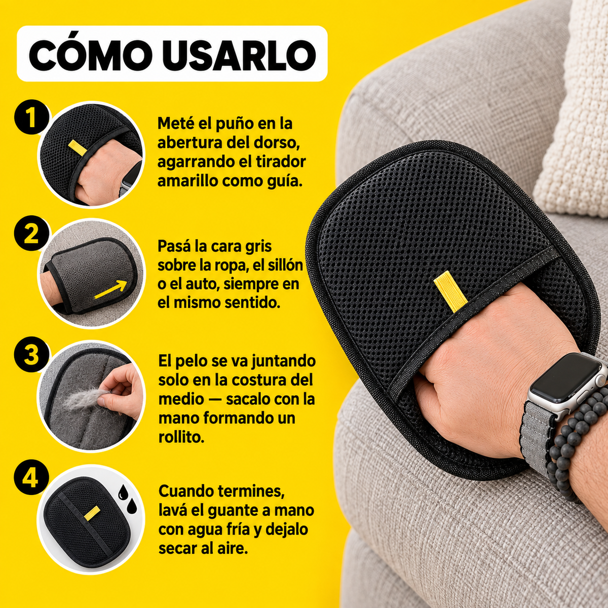Guante Quita Pelos y Pelusa para Ropa, Sillones y Auto